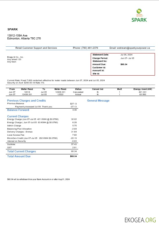 Modèle de facture de services publics d'entreprise Canada Alberta Spark aux formats Word et PDF